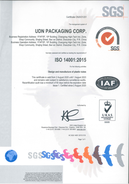 UDN Achieve  ISO14001:2015 Certificate